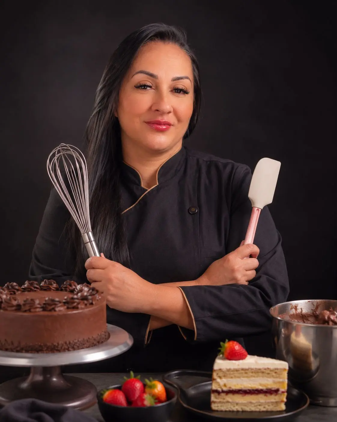 Vanessa, confeiteira, com utensílios e bolos